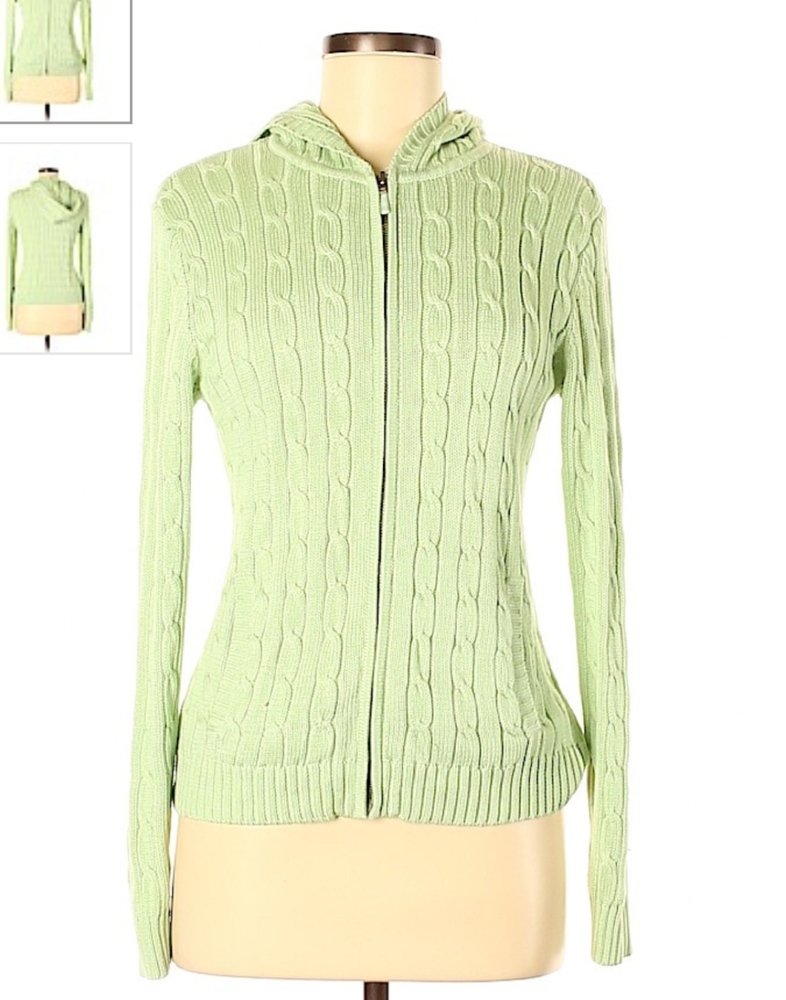 Cable knit hoodie sweater jacket green medium